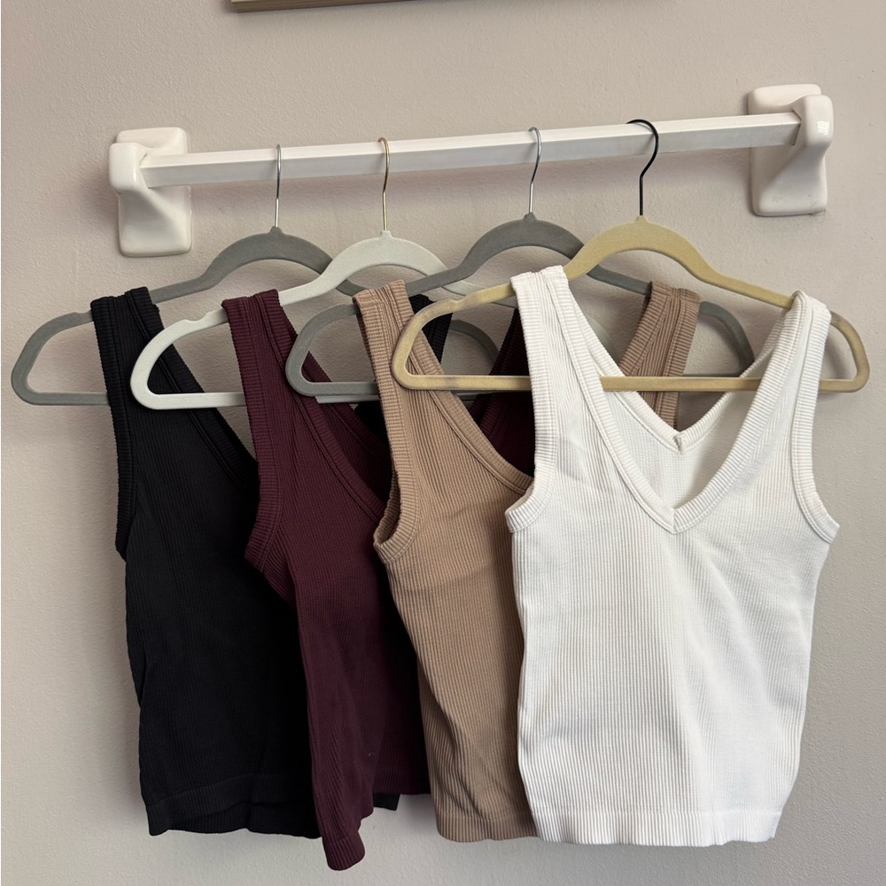 Old Navy Ribbed V-Neck Tank Tops - (4) piece set. White, Tan, Burgundy, Black